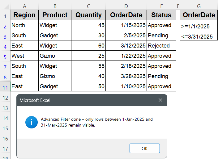 Filter Data Within an Interval Using AdvancedFilter