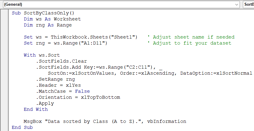 Sort by a Single Column Using VBA