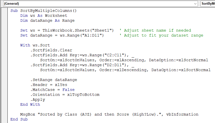 Sorting Multiple Columns Using VBA