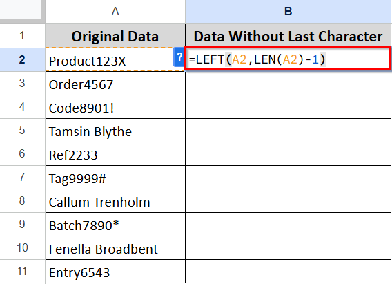 Removing the Last Character from Google Sheets using the LEFT Function