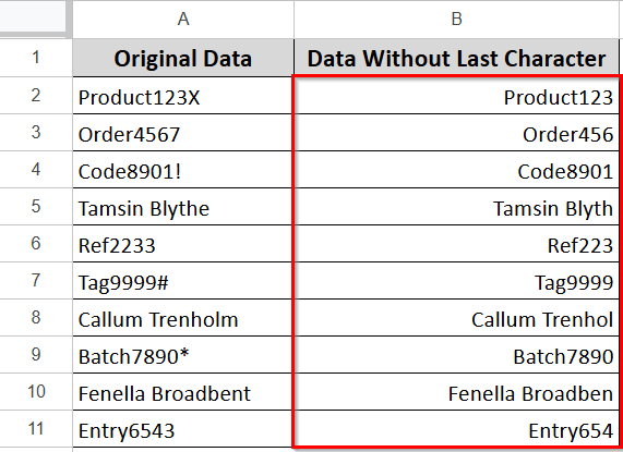 Removing the Last Character From Google Sheets Using the ARRAYFORMULA Function