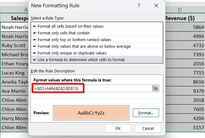 Highlighting the Entire Row Based on the Lowest Value
