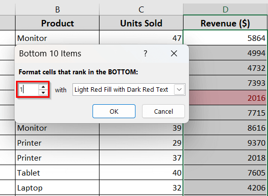 Highlighting the Lowest Value Using Built-in Rules