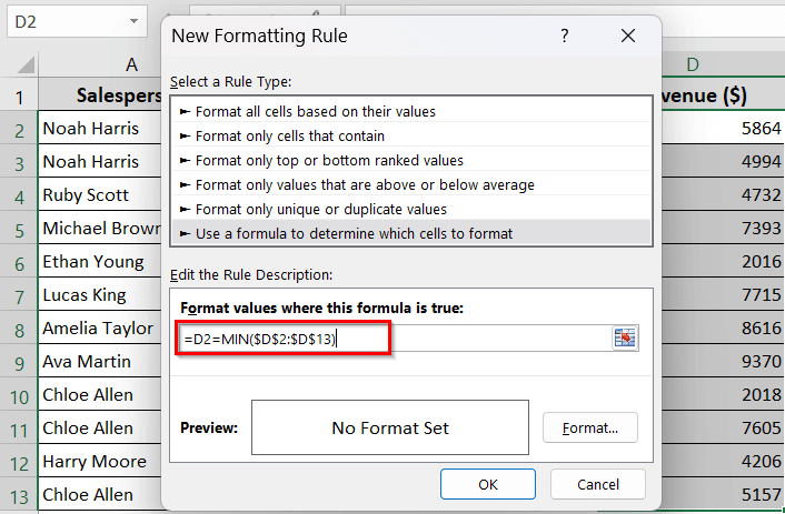 Using a Custom Formula to Highlight the Lowest Value