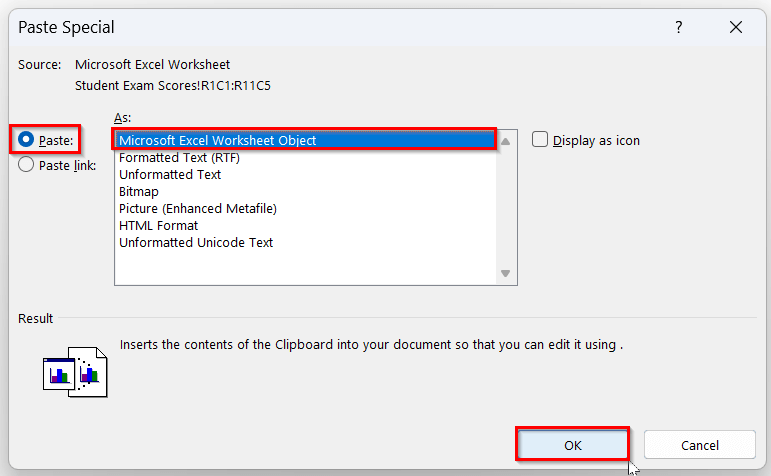 Embedding Excel within the MS Word File