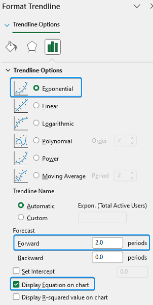 Exponential trendline to extrapolate a graph in excel