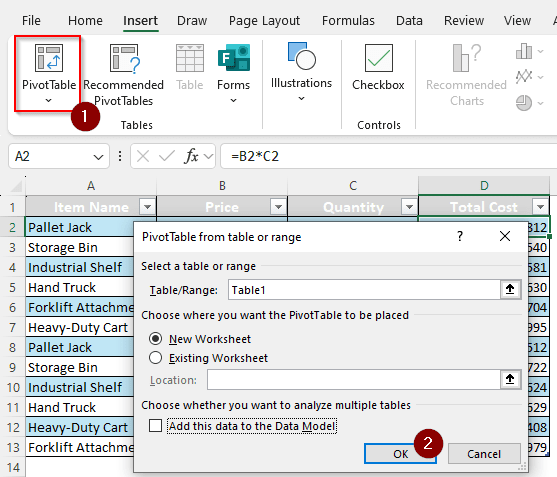 select pivot table and click ok