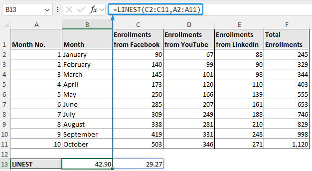Using LINEST function for linear extrapolation in Excel