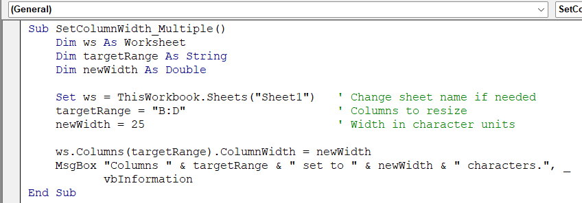 Set Matching Widths for Multiple Columns with VBA