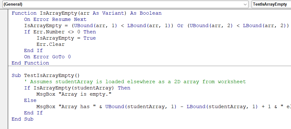 Build a Function with UBound and LBound to Confirm if an Array Is Empty
