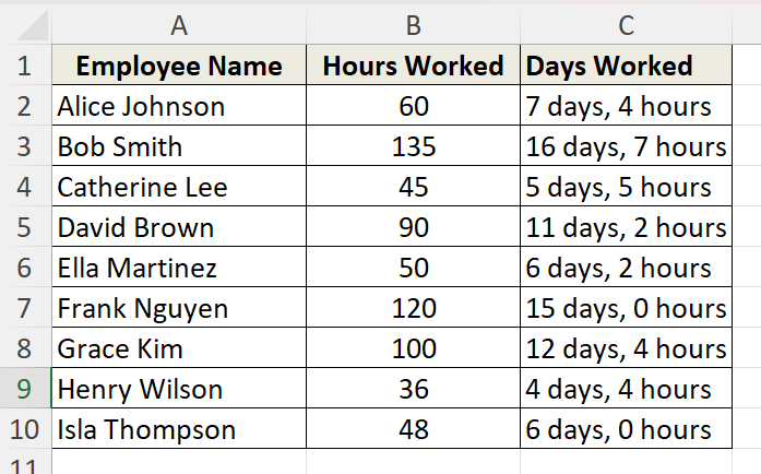 Convert Hours to Days for 8 Hour Working Day Format Using QUOTIENT Function