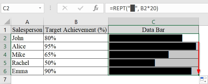 Applying REPT Function to Show Data Bars with Percentage