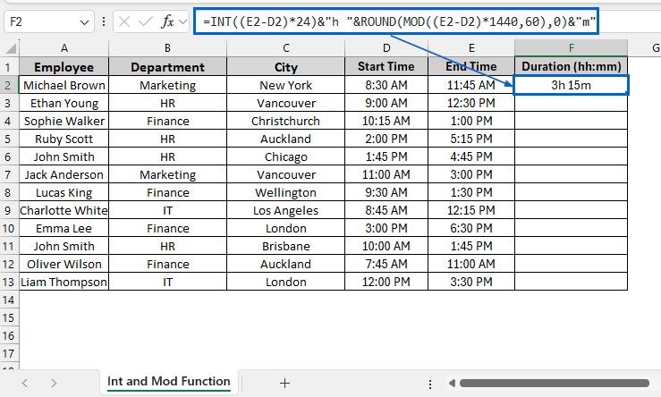 Use INT and MOD Functions to Separately Calculate Hours and Minutes