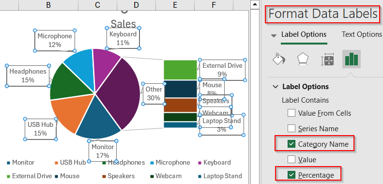 Steps to create a bar of pie chart in Excel