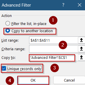 Use Excel’s Advanced Filter and ROWS Function to Count Unique Values Manually