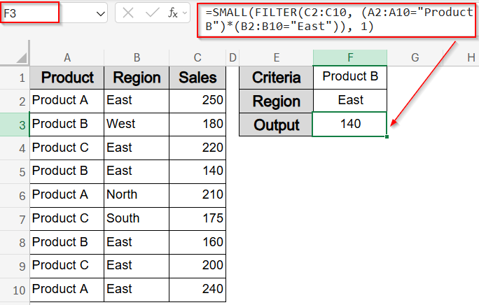 Filter-Based Minimum Using SMALL and FILTER Functions