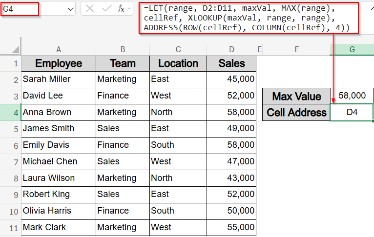 Use SUBTOTAL, LET and XLOOKUP Functions for Max Value and Cell Address
