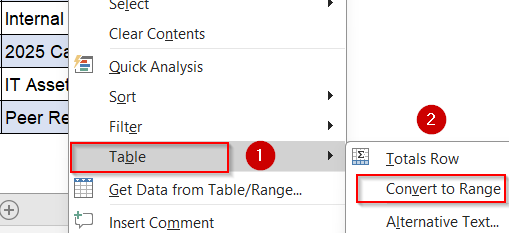 Convert Excel Table to Range To Fix Greyed Out Unshare Button