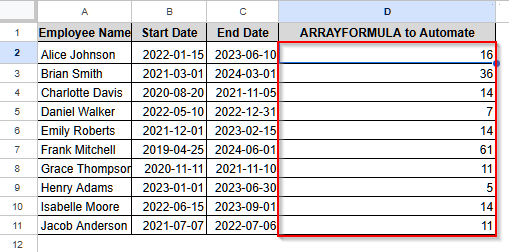 Automating the Calculation of Months Between Two Dates with the ARRAYFORMULA Function