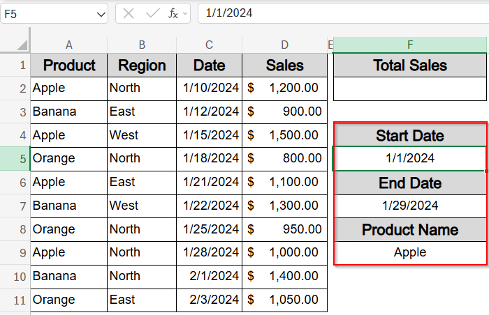Use SUMIFS Function with Multiple Criteria Along Columns and a Date Range
