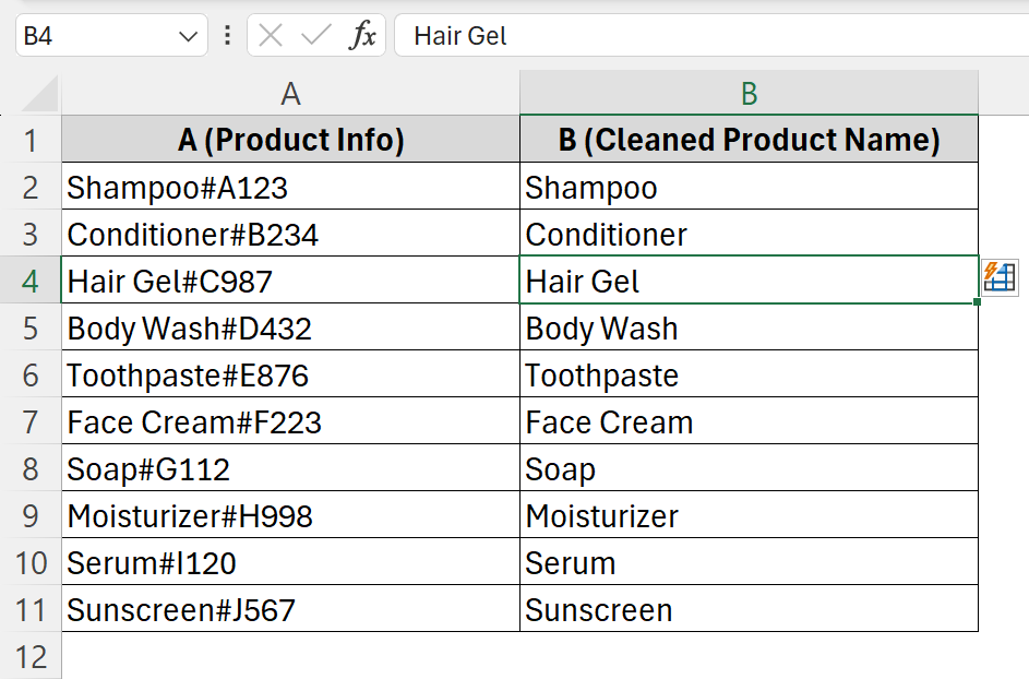 Applying Flash Fill to Remove Specific Text from Cell