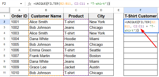 Applying Condition to Filter Unique Customer Names Who Purchased T-Shirts