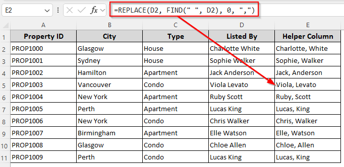 Place a Comma Between Two Names with the REPLACE and FIND Functions