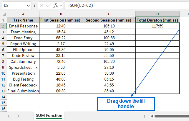 Add Times Using the SUM Function