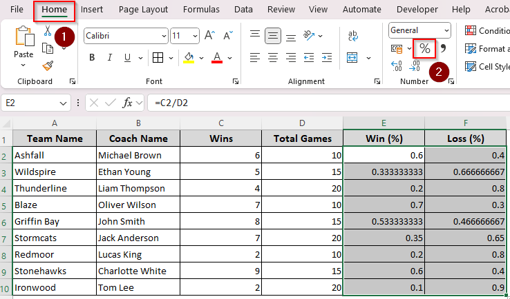 Computing Win or Loss Percentage Using Total Number of Games
