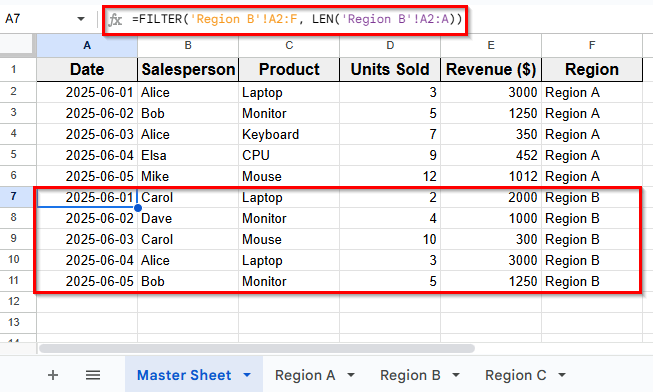 Use the FILTER Function to Pull Data Automatically