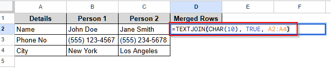 TEXTJOIN Function to Merge Rows in Google Sheets