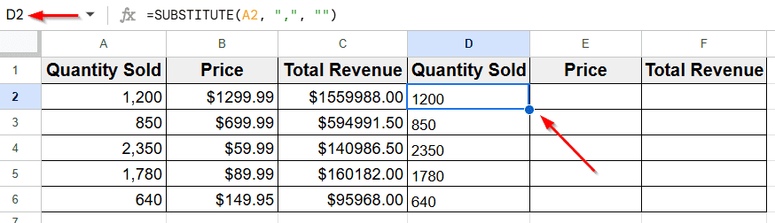 Remove Commas Using the SUBSTITUTE Function