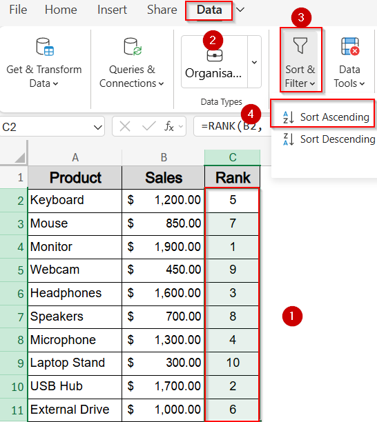 Use a Helper Column with RANK Function