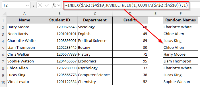 Randomize Names Using the INDEX, RANDBETWEEN, and ROWS Functions