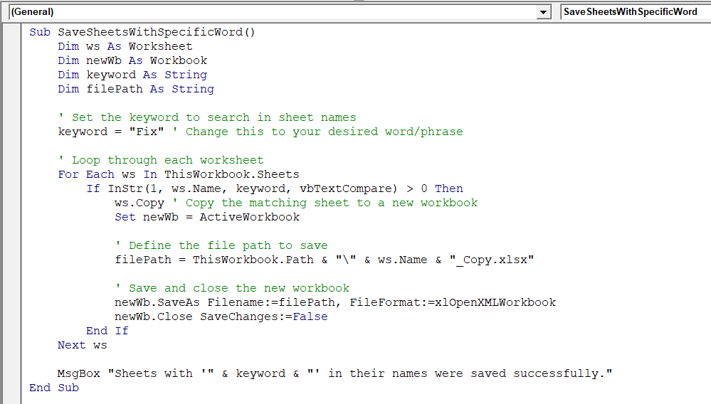 Save Only Worksheets with Specific Text/Word as Separate Files