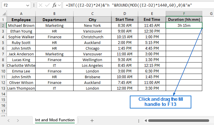 Use INT and MOD Functions to Separately Calculate Hours and Minutes