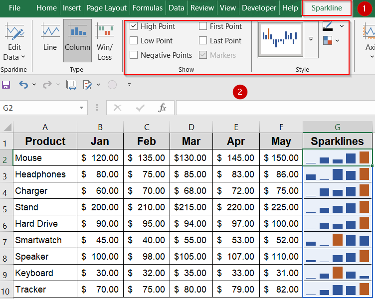 Insert Column Sparklines to Highlight Highs and Lows