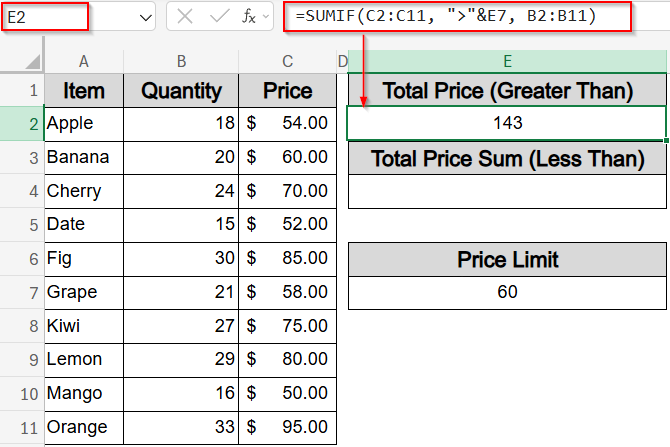 Split SUMIF Function for Greater Than and Less Than a Cell Value