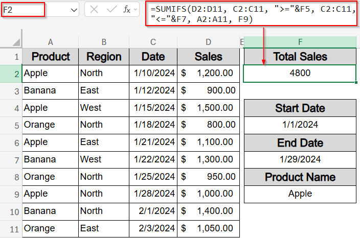Use SUMIFS Function with Multiple Criteria Along Columns and a Date Range