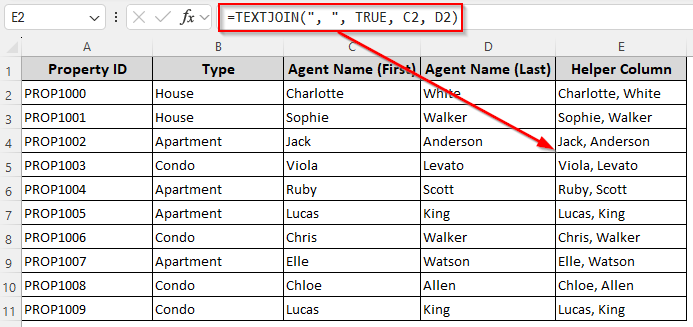 Adding a Comma Between Names in Different Rows/Columns with the TEXTJOIN Function