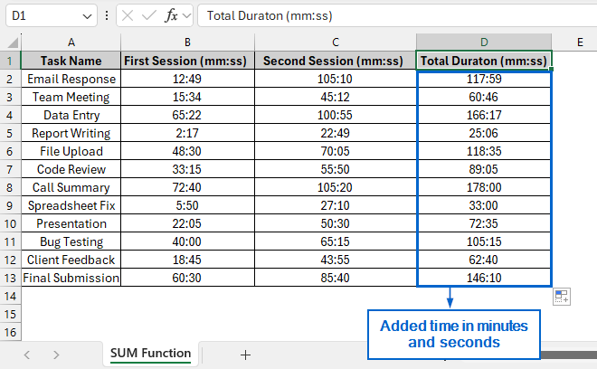 Add Times Using the SUM Function