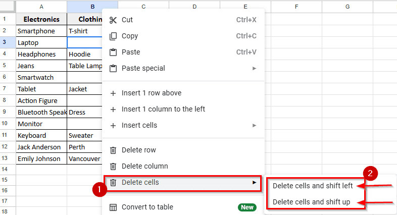 Using Delete Cells Options In Google Sheets