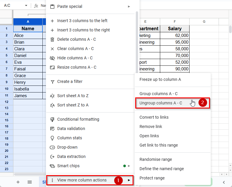 How to Ungroup Columns In Google Sheets