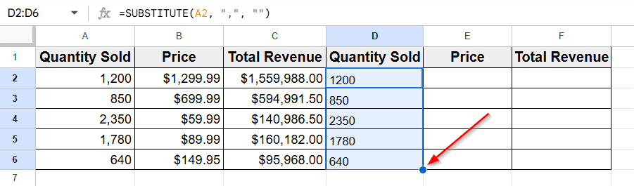 Remove Commas Using the SUBSTITUTE Function