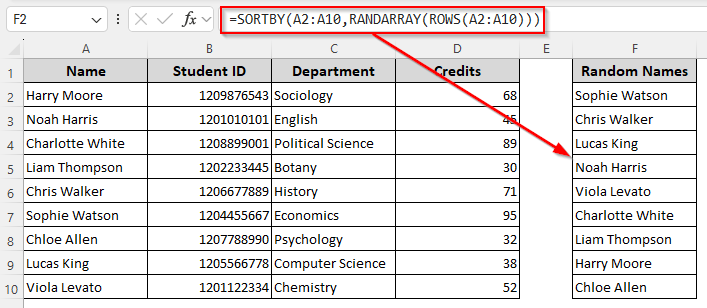 Dynamic Array Sampling of Random Names with the SORTBY, RANDARRAY, and ROWS Functions (No Duplicates)