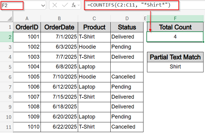 Use COUNTIFS Function for Partial Text Matches and Excluding Blanks