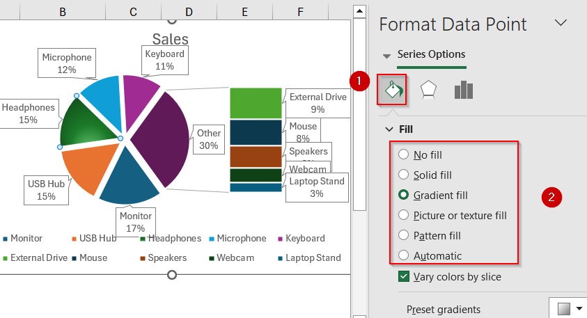 Steps to create a bar of pie chart in Excel