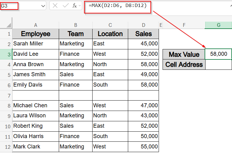 Find Max Value and Cell Address Across Non-Adjacent Ranges