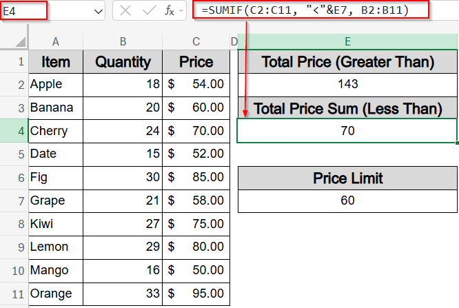 Split SUMIF Function for Greater Than and Less Than a Cell Value