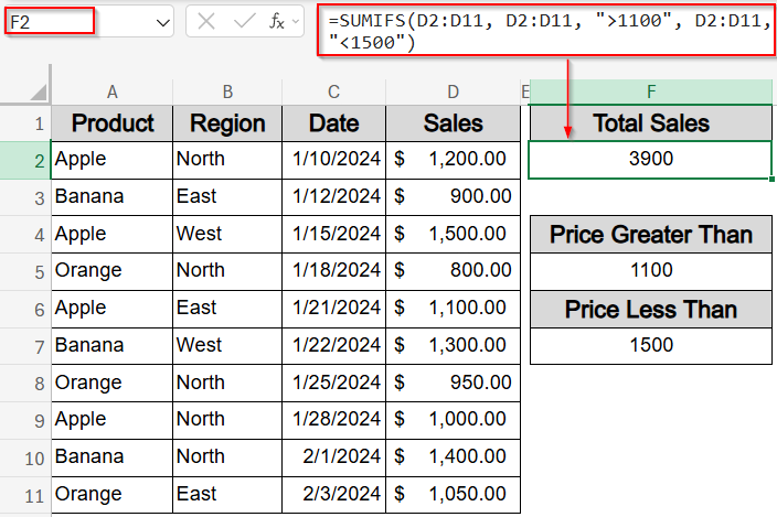Apply SUMIFS Function with Multiple Criteria and a Numeric Range
